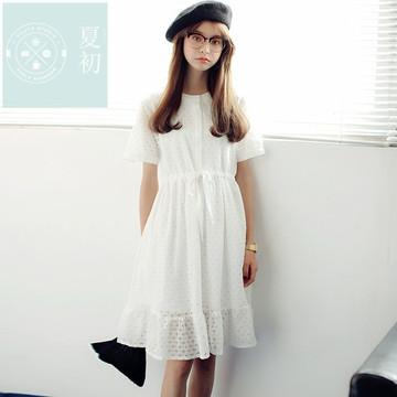 夏季新款日森系白色镂空蕾丝连衣裙小清晰淑女甜美短袖气质中长裙