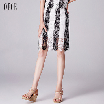 Oece夏装新款女装 复古条纹蕾丝半身裙夏女修身包臀裙短裙