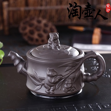 大紫砂壶仿古大容量紫砂壶 熊猫竹 宜兴陶瓷茶壶大容量朱泥冲水壶
