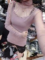 欧洲站2015秋冬新款镂空长袖网纱蕾丝衫女短款欧美时尚气质打底衫