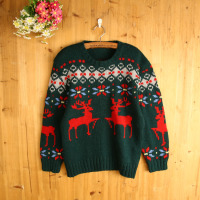 X685 复古毛衣孤品羊毛棒针北欧费尔岛英伦雪花小鹿圣诞打底毛衣