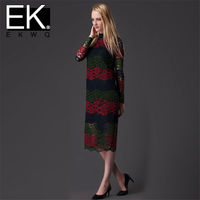 EKWQ 2015新款女装韩版修身显瘦中长款长袖镂空蕾丝连衣裙潮5414