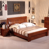 全实木床 榆木床 1.8米双人床 中式卧室家具婚床1.5  高箱储物床