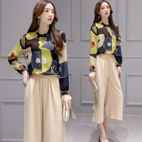 欧洲站2016新款韩版女装上衣长袖阔腿裤 时尚印花两件套
