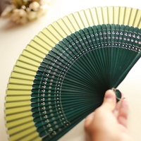 【江户日式】日本和风折扇子 和服扇 真丝女扇  小花雕刻 清新绿
