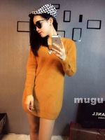 新款韩版女装长袖针织橘色打底连衣裙兔毛加貂毛打底衫长款毛衣