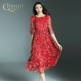 2016夏季欧美新款红色花卉重磅真丝连衣裙中长款印花桑蚕丝大摆裙
