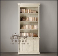 美式乡村实木书柜 书房复古做旧白色多层陈列柜 别墅样板房储物柜