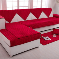 冬季布艺沙发垫四季通用婚庆短毛绒加厚双面纯色红色粉色白色订做