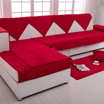冬季布艺沙发垫四季通用婚庆短毛绒加厚双面纯色红色粉色白色订做