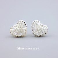MISS MISS 925银饰随形系列 时尚设计纯银手工银丝心形耳钉防过敏