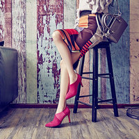欧洲站2016新款潮流羊皮玫红色高跟鞋尖头单鞋女细跟真皮女鞋子