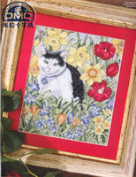 法国DMC十字绣套件手工 动物新款 小幅挂画 春天花丛中的可爱猫咪