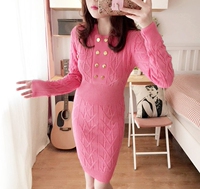 【Miss fox】韩国春季桃花粉修身双排扣针织连衣裙毛衣裙