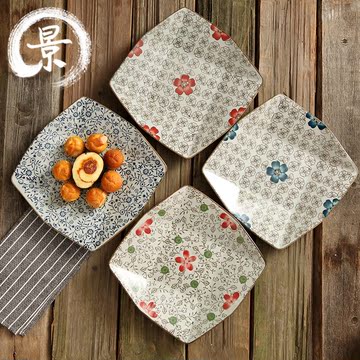 日式和风8寸陶瓷方盘子手绘釉下彩创意菜盘水果盘平盘九格盘餐具