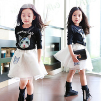 2015新款秋装韩版童装女童猫咪套装儿童黑色长袖T恤+欧根纱半身裙