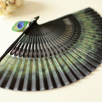 【江户日式】日本和风折扇子 竹柄 和服扇 真丝女扇 孔雀羽毛 3色