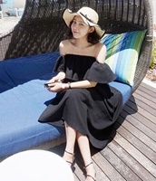 韩国 夏季荷叶性感一字露肩两穿沙滩雪纺长裙 度假抹胸雪纺连衣裙