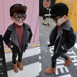 2016冬款新款 韩版男童黑色羊羔毛牛仔服 小童牛仔外套