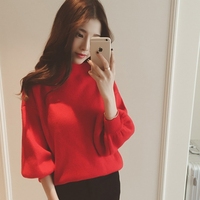 尚层品牌特卖2016秋装韩国新款纯色半高领灯笼袖套头针织衫上衣女