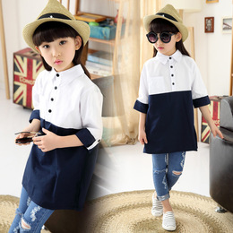 2016新款女童衬衣 韩版中大童两色拼接长袖衬衣