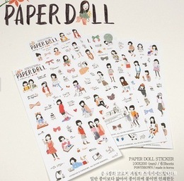 韩国 paper doll 铅笔画女孩娃娃手帐日记贴纸 PVC防水手机贴6张