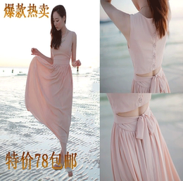 2015夏季新款韩版修身雪纺连衣裙波西米亚度假长裙露背沙滩裙