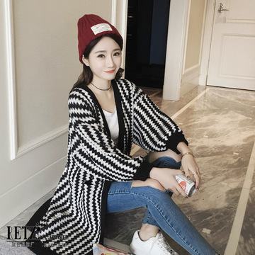 2016秋季新款韩版时尚女装波浪纹毛衣外套上衣中长款针织衫外套