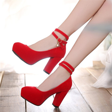 韩版粗跟鞋甜美公主防水台圆头单鞋黑红色优雅气质女鞋红色婚鞋子