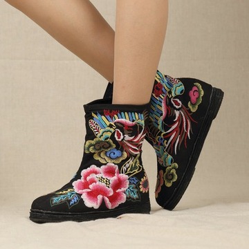 民族风千层底短筒老北京花朵绣花植物花卉短靴新款圆头复古女靴子