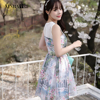 韩版夏装新款时尚可爱娃娃领印花欧根纱无袖公主裙连衣裙女XB8673