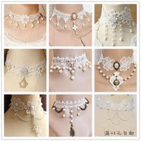 欧美原创手工白色蕾丝珍珠项链短款锁骨链脖圈颈链夸张花朵锁骨链