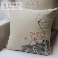 创意中国风中式红木沙发手绘水墨荷花棉麻抱枕汽车床头飘窗靠枕套