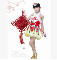 新款儿童中国结表演服舞台演出服亮片连衣裙红红的中国结舞蹈服