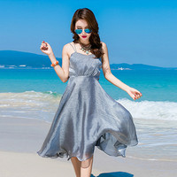 波西米亚中长款雪纺礼服裙 沙滩裙海边度假 吊带性感露背连衣裙夏