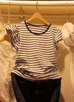 韩国代购2015夏季新款条纹T恤女花瓣短袖时尚显瘦休闲上衣百搭潮