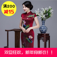中国风荷花旗袍连衣裙夏季 宴会婚礼妈妈装旗袍红色 真丝旗袍礼服