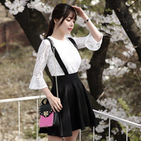 夏季韩版学院风蕾丝公主袖背带连衣裙两件套圆领纯色百褶裙套装潮