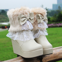 短靴女高跟坡跟女靴冬季棉靴韩版兔毛雪地靴冬季女鞋白色公主靴子