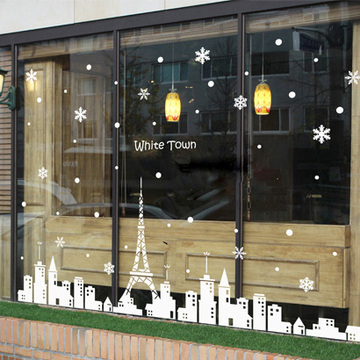 2018咖啡店装饰橱窗玻璃门 圣诞节贴纸窗边贴墙贴纸白色城镇