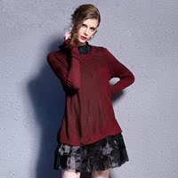 2015秋冬季森女欧美大牌欧根纱连衣裙长袖针织羊毛衫两件套装时尚