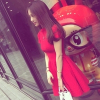 韩国代购2015夏装新款女装明星同款修身A字裙针织红色连衣裙夏季