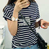 2015夏装新款韩版大码女装衣服短袖打底衫 字母印花海军风条纹T恤