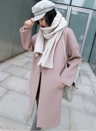 秋冬新款韩版茧型毛呢外套女装中长款廓形宽松粉色呢子大衣