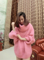 2015冬季韩版新款大码宽松性感翻领一字领长款露肩套头休闲毛衣女