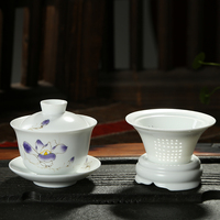 陶瓷泡茶壶 内置过滤茶网 定窑哑光月白盖碗 手绘定窑盖碗