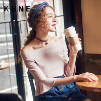 KBNE 2016秋装新款韩版时尚潮流喇叭袖T恤一字领上衣女