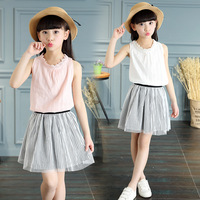 夏季4-12岁女童儿童新款韩版粉白竖条棉麻T恤2件套公主裙便宜包邮