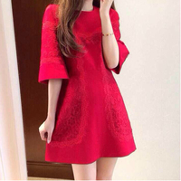 【天天特价】韩国代购2014秋装新款时尚韩版蕾丝毛呢红色连衣裙女