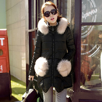 2015冬装新款狐狸毛领棉衣女潮修身韩版中长毛毛口袋加厚棉衣外套